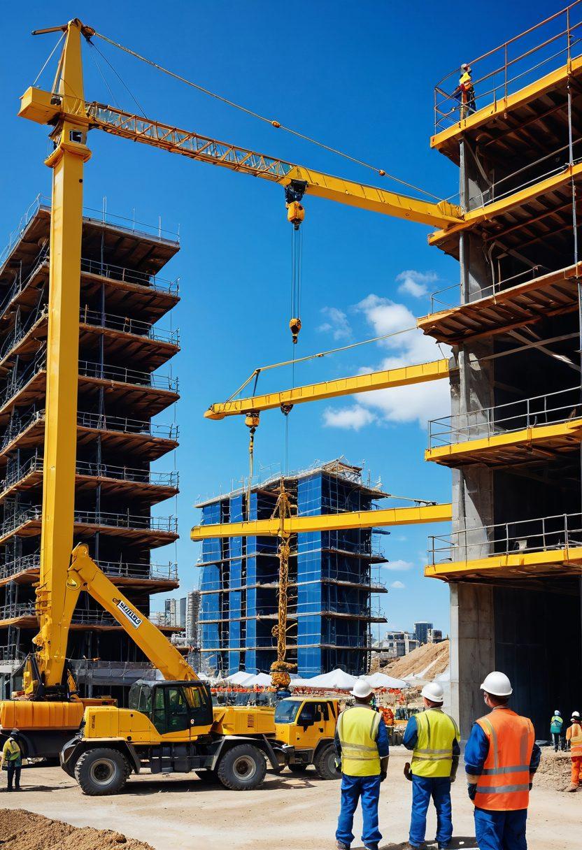 A busy construction site with diverse workers wearing safety gear, using various lifting equipment like cranes and hoists. Highlight safety signs prominently in the background, and include a clear blue sky to symbolize a safe working environment. Show teamwork and focus among the workers as they operate the heavy machinery carefully. super-realistic. vibrant colors. dynamic composition.