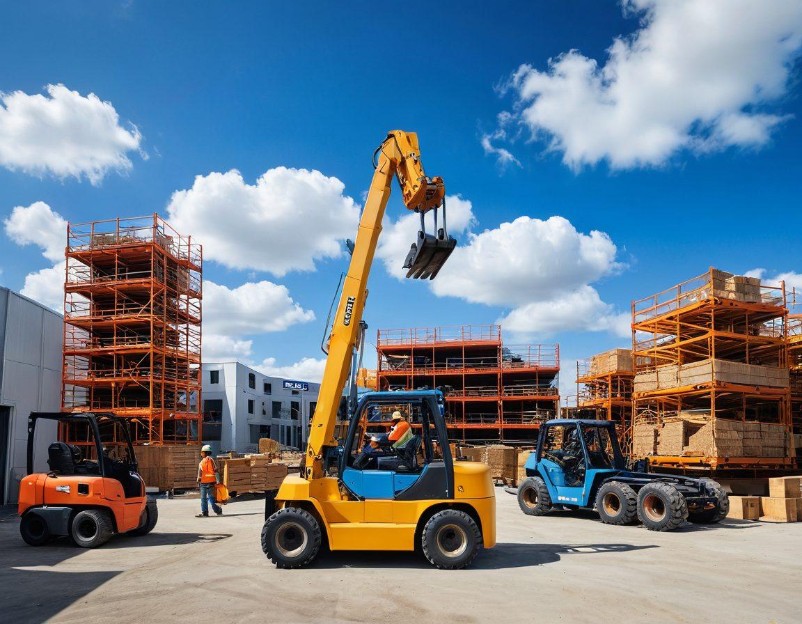A dynamic construction site scene showcasing a variety of machinery including forklifts and scissor lifts, with workers assessing equipment options. The background features a bright blue sky with fluffy clouds, highlighting the activity. Include safety gear, tools, and signage related to machinery selection. A sense of collaboration and decision-making should be evident. vibrant colors. super-realistic.