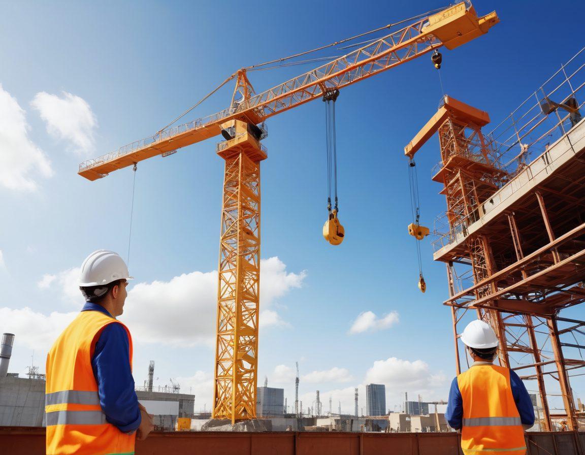 A dynamic construction site showcasing various lifting equipment like cranes, hoists, and safety gear. Include workers wearing helmets and safety vests diligently inspecting machinery, with blueprints and safety guidelines prominently displayed. The background features a bright sky and industrial buildings, symbolizing progress and safety. super-realistic. vibrant colors. white background.